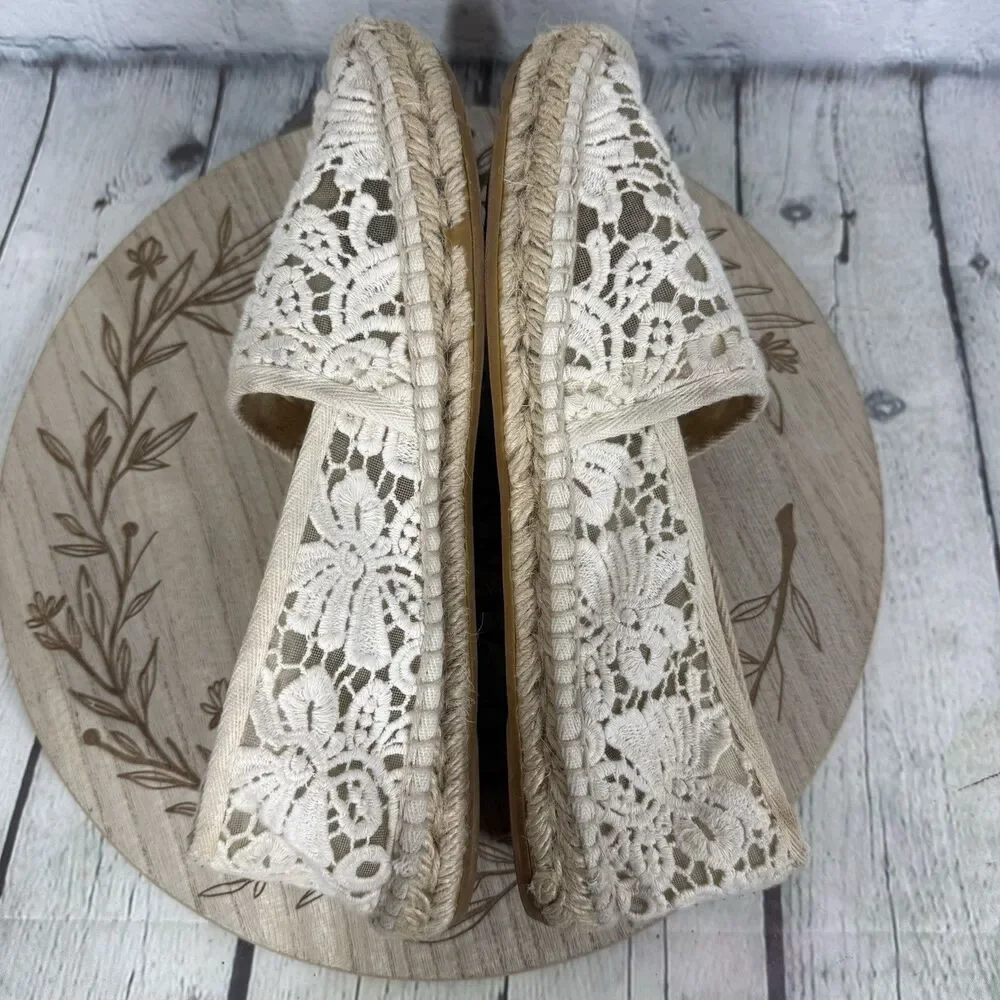Tory Burch Crochet Lace Espadrilles Women 10.5 Ivory Boho Coastal Cottage Flats